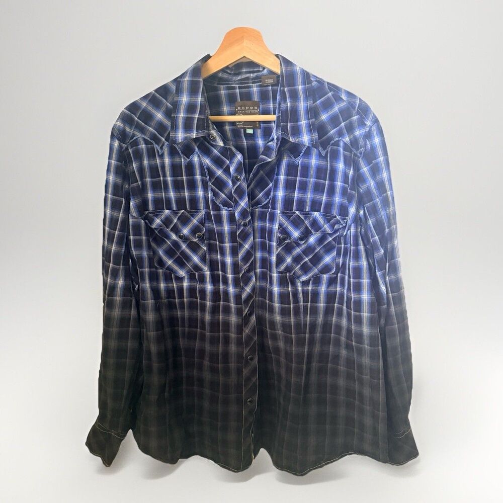 Roper Shirt Mens 2X Plaid Black Western Pearl Snap Ombre Sawtooth Western Cowboy